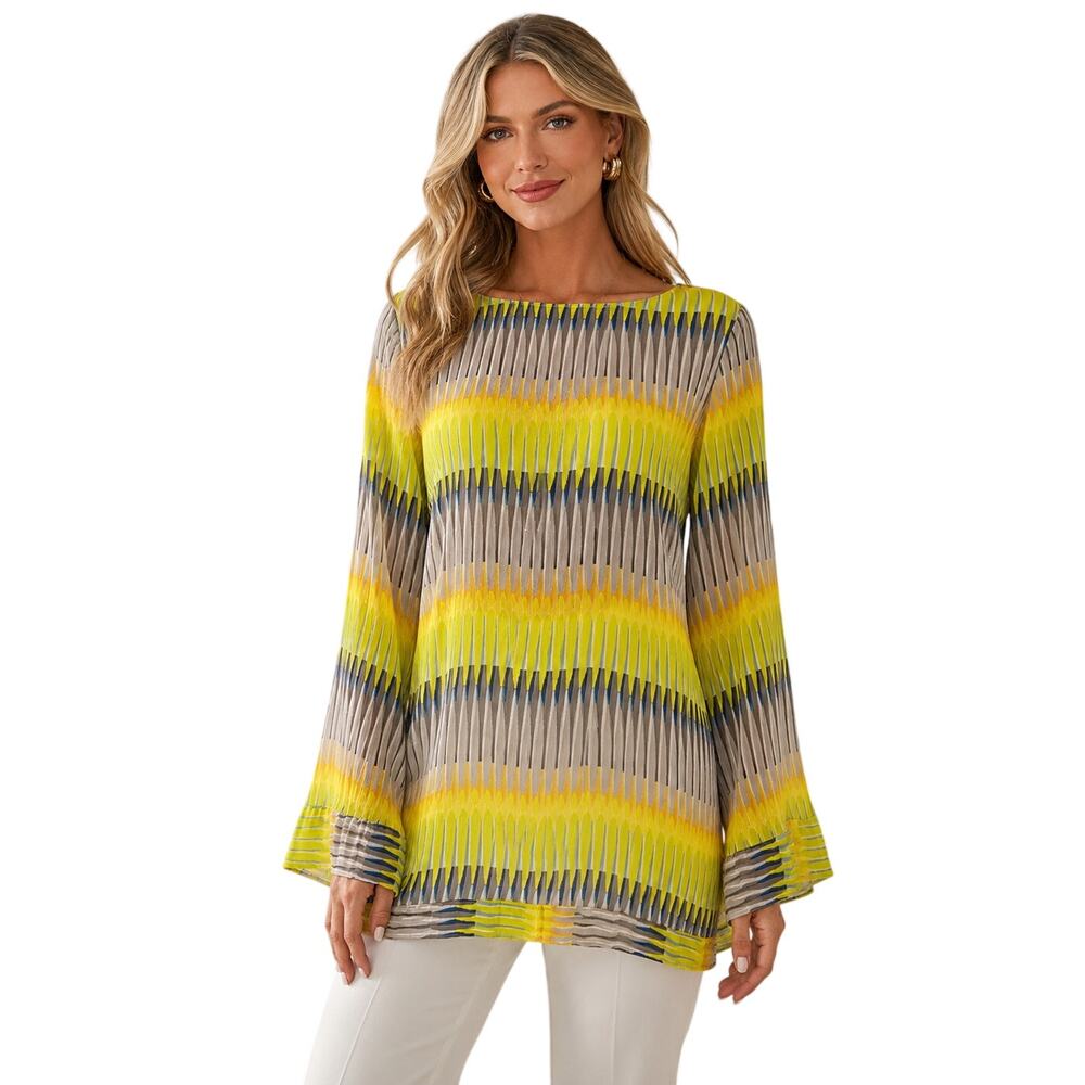 Alexis Silk Geometric Stripe Bell Sleeve Tunic Blouse Yellow Gray Women's Size S